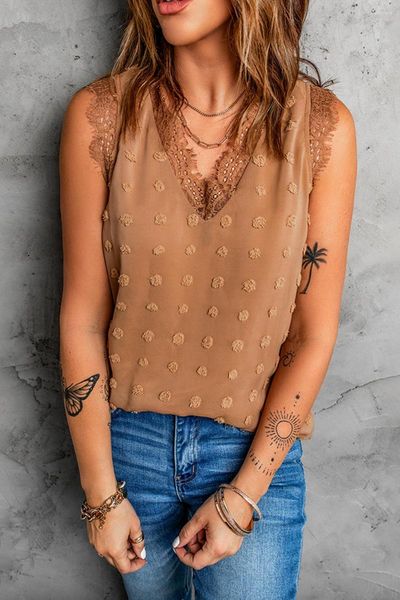 Tanktop für Damen, Braunes Swiss Dot-Spitzennaht-Tanktop mit V-Ausschnitt