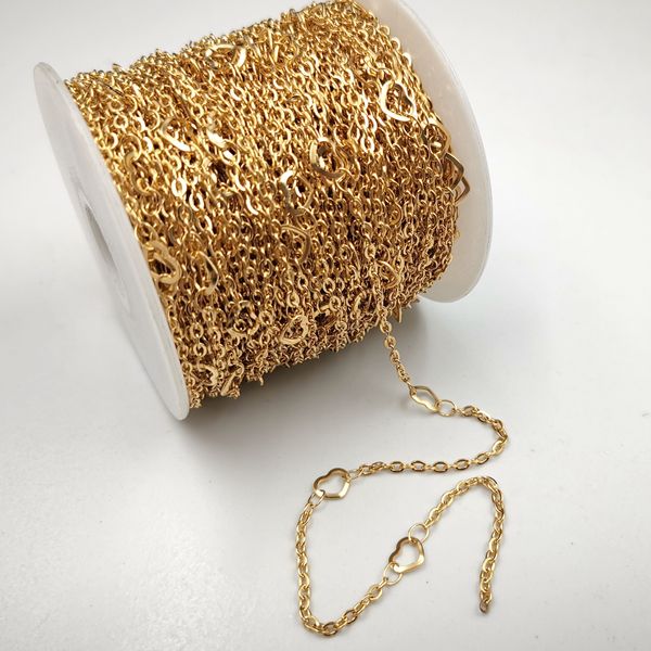 5 Meter lange Edelstahl-Kabelkette mit flachem Herz-Glied in großen Mengen, DIY-Schmuckzubehör, dünn, 2 mm, goldfarben
