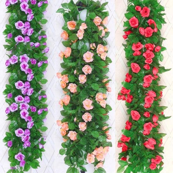 Fiori decorativi 2.4M Vite di rosa artificiale Ghirlanda di Natale Home Room Decorazioni di nozze Stringa di fiori Pianta finta fai da te Foglie verdi