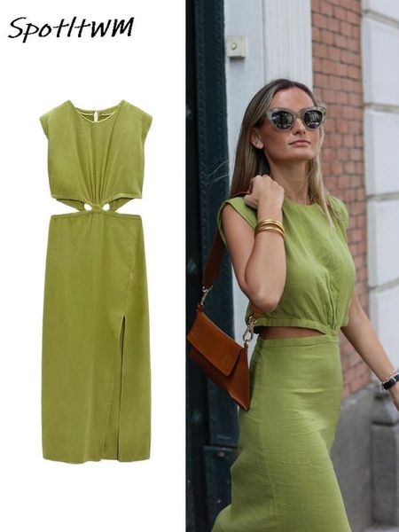 Grundlegende Freizeitkleider Leinen Grün Ärmellose Taille Ausschnitt Langes Oneck Aline Side Split Vestidos Frauen Sommer Strand Streetwear 230706