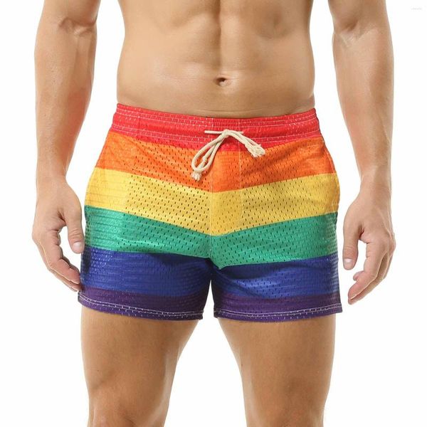 Cuecas CLEVER-MENMODE Homens Cuecas Sexy Rainbow Boxer Shorts Trunks Mesh Bottoms Ver Através Boxer Short com Cordão Bolso