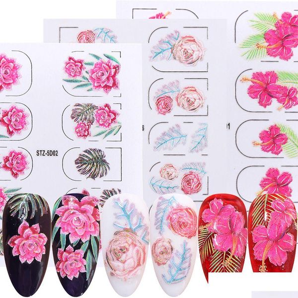 Adesivi Decalcomanie 5D Adesivo per unghie rosa in rilievo Fioritura incisa Foglia Cursore d'acqua per unghie Decorazioni artistiche Decalcomania Fiore Manicure Dhfjh