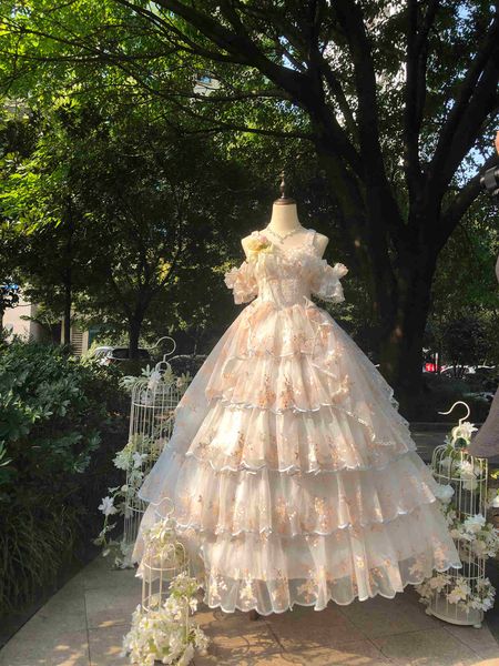 Thema Kostüm Frauen Süße Spitze Blumenstickerei Prinzessin Brautkleider Mädchen Niedlich Party Vestidos Viktorianisch Retro Lolita JSK Kleid Japanisch 230707