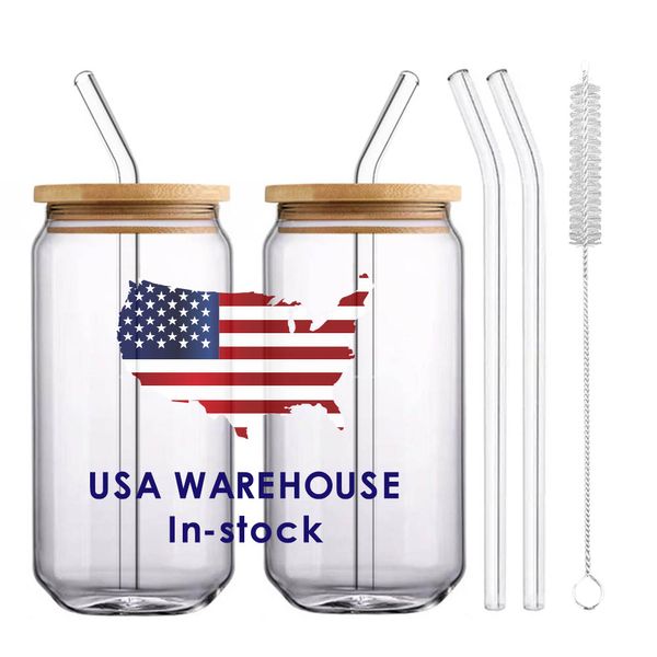 USA CA Warehouse 16oz Bicchieri vuoti a sublimazione Bicchieri in vetro borosilicato a forma di lattina di birra con coperchio in bambù e cannuccia JY07