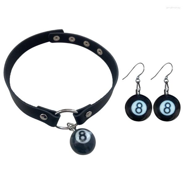 Choker E0BE Runde Kugelkette Kragen Halskette Billard Schwarz Acht Modeschmuck Punk Hip Hop Baumeln Ohrringe Freund Geschenk