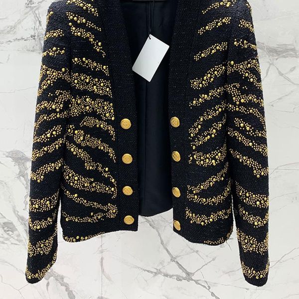 Damenjacken 23 Runway Damen Vintage-Tweed-Jacke, modische Nietenverzierung, goldfarbener Zweireiher-Blazer, Wollmischung, Büro-Oberteile, Oberbekleidung
