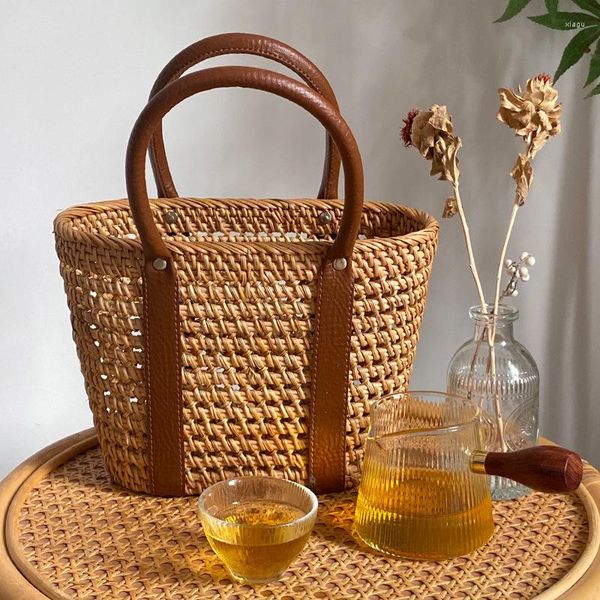 Abendtaschen Rattan-Strohtasche Damen Strandurlaub Böhmen PU-Ledergriff Einkaufshandtaschen