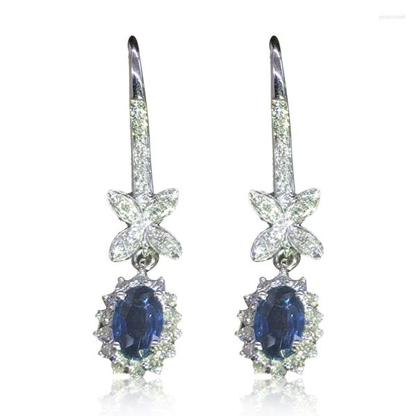 Brincos pendentes de luxo moda azul zircão corte oval cz pedra gota para mulheres joias cor prata banquete festa presente