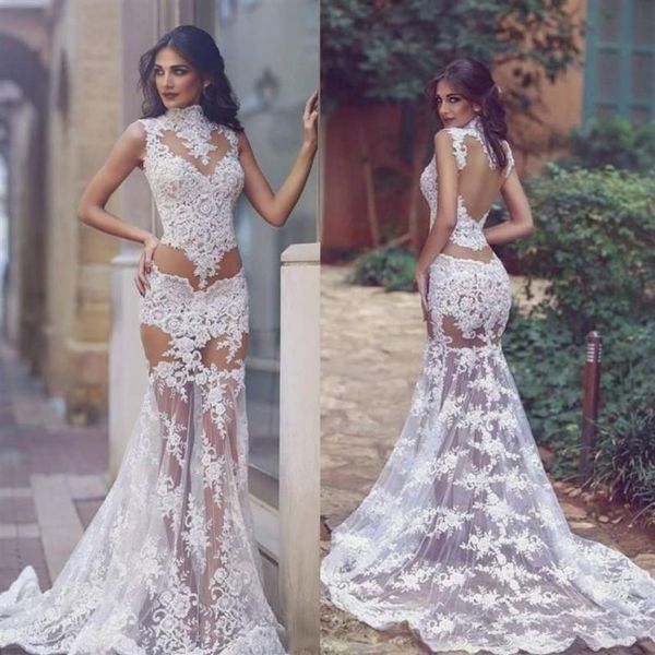 Verão 2019 Sexy Vestidos de Noiva Transparentes Gola Alta Sereia Renda Corpete Ilusão Saia Transparente Casamento Noiva Longo Primeira Noite Dr270G