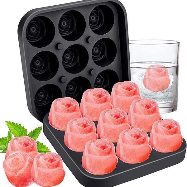 Strumenti per gelato Stampi per ghiaccio a forma di rosa 3D Stampo per cubetti di ghiaccio a forma di rosa a 9 fori Whisky Birra Vino Cool Down Ice Maker Vassoio per cubetti di ghiaccio riutilizzabile Stampo con coperchio 230707