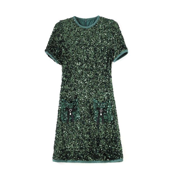 2023 Summer Green Abito con pannelli in tinta unita manica corta girocollo paillettes abiti casual al ginocchio W3L043805