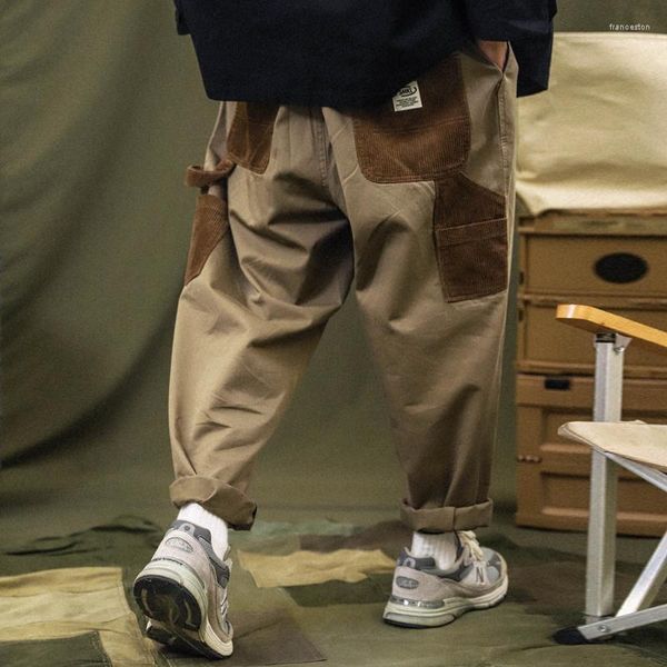 Erkek pantolon patchwork kargo erkekler kadife kontrast dikiş pantolonlar erkek sokak kıyafetleri gevşek gündelik