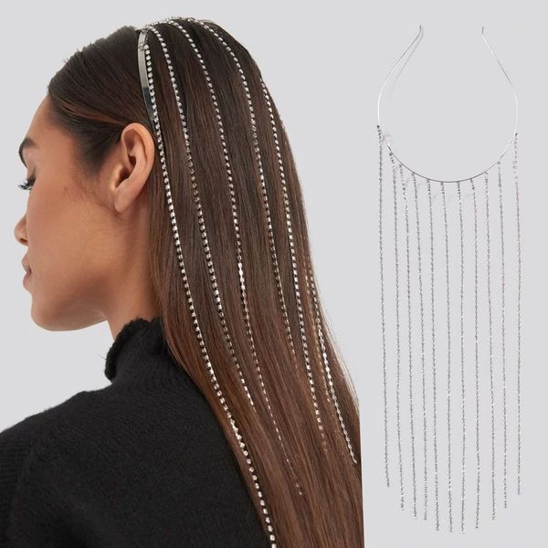 corrente de cabelo Moda Full Diamond Long Tassel Headwear Brilhante Strass Hair Hoop Internet Celebridade Tendência Acessórios para Cabeça designer de joias