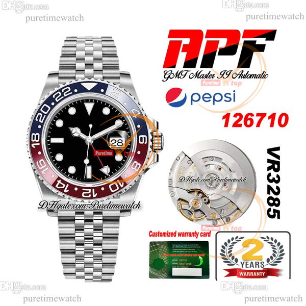 APF Pepsi GMT II VR3186 VR3285 Relógio masculino automático Azul Vermelho Cerâmica Bezel Preto Dial 904L JubileeSteel Pulseira Super Edição Mesmo Cartão Serial Reloj Hombre Puretime