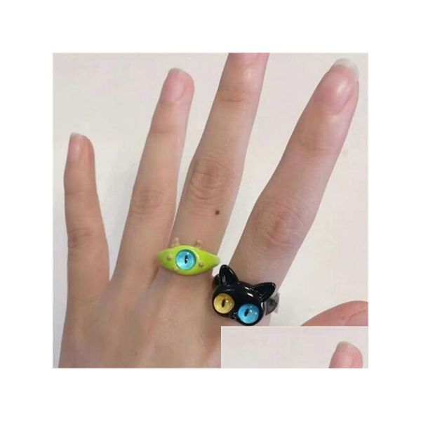 Schmuck Nette Grüne Monster Ringe Frauen Mode Süße Zwei Farbe Katzenaugen Offene Paar Ring Finger Zubehör Gc2063 Drop Deli Dhpnv