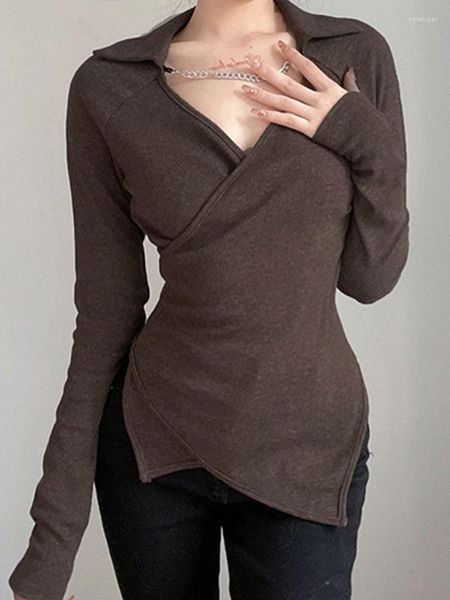 Женские футболки T-нерегулярная футболка Женская винтажная с длинным рукавом v-шейная цепь узкая топа