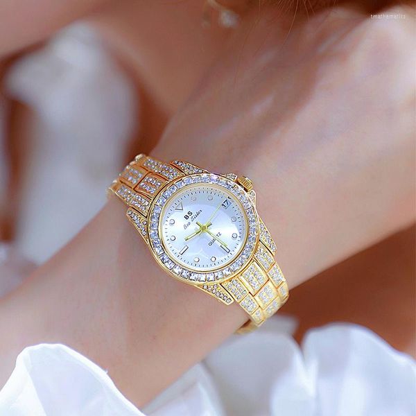 Armbanduhren BS Marke Damenuhren 2023 Voller Diamant Luxus Damenuhr Kalenderanzeige Gold Wasserdichte Armbanduhr