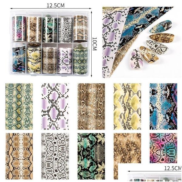 Adesivi Decalcomanie 10 Rotoli Serpente Stampato Decorazioni Per Unghie Vari Fiori Modello Trasferimento Laser Nail Foil Sticker Slider Manic Dh6Bu