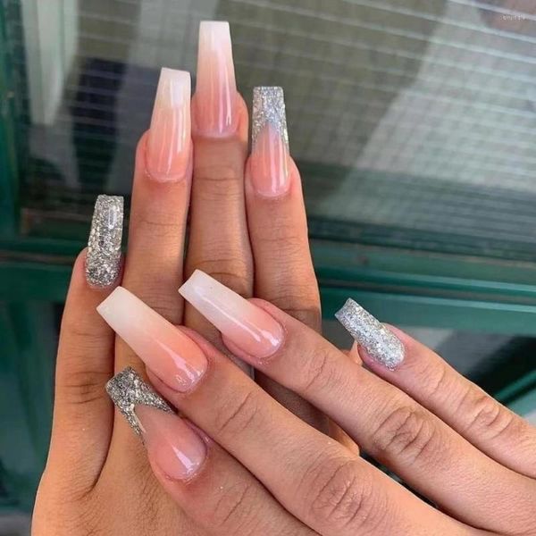 Unhas Postiças 24 Pçs Brilhantes Longas Bailarina Press On Rosa Estilo Gradiente Manicure Dedo Artificial Reutilizável Falsa