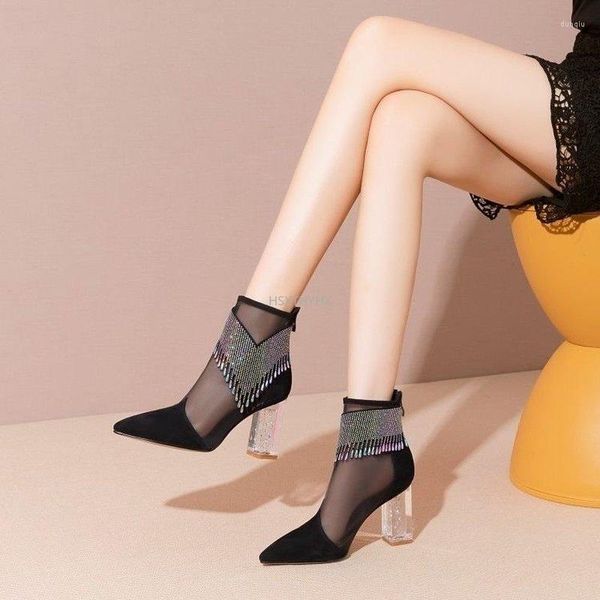 Sandalen 2023 Frauen Mesh Boot Hochhackige Sommerschuh Mode Sexy Strass Quaste Spitze Zehe Weiß Schwarz Damen