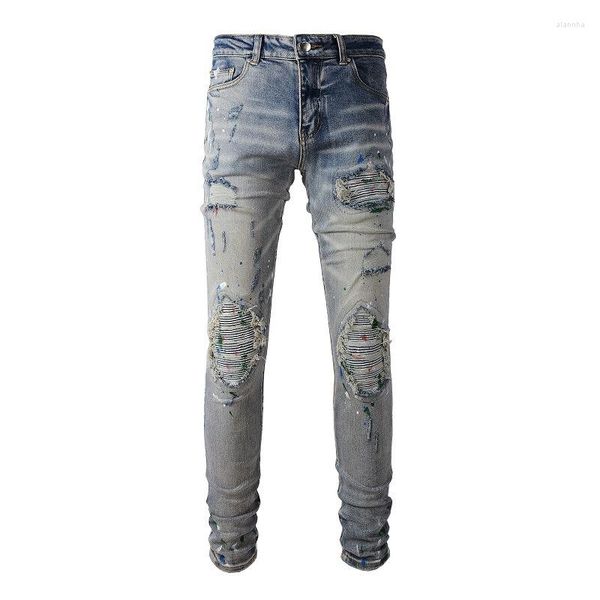 Jeans Masculino Respingo de Tinta Buraco Graffiti Desgastado Ajuste Justo Elástico Lápis Calça Jeans Moda Magro Rasgado