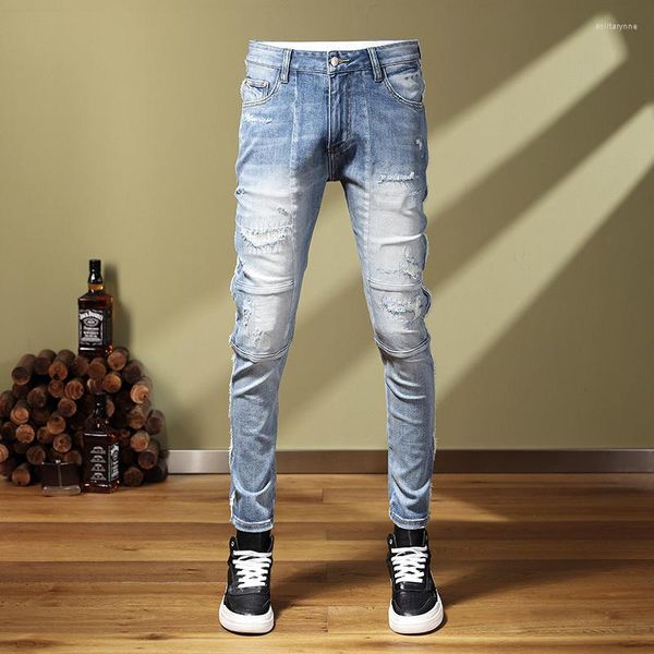 Jeans da uomo Street Trend Fashion Men Retro Light Blue Elastic Stretch Skinny Patchwork Strappato Spliced Designer Pantaloni Hip Hop