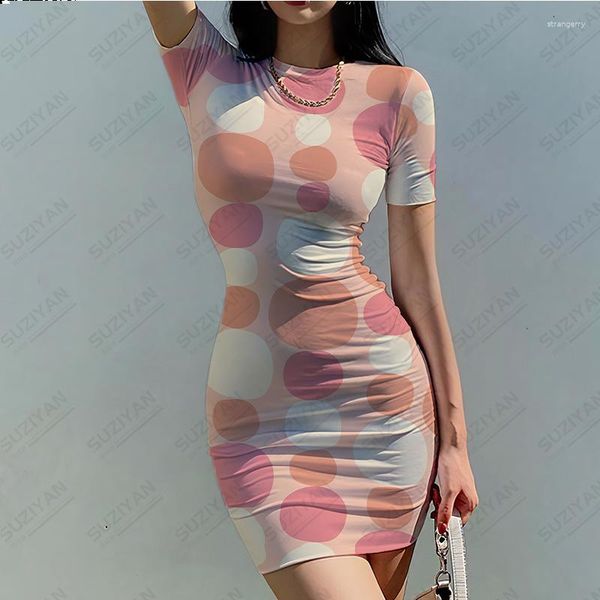 Freizeitkleider 2023 Verkauf von kurzärmligen, eng anliegenden Röcken mit Rundhalsausschnitt für Damen, sexy 3D-Druck und modischem Hüftwickel-Partykleid