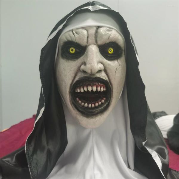 Suministros para fiestas, máscara de monja malvada realista de cabeza completa con pañuelo para la cabeza, boca sangrienta aterradora, película de terror para Cosplay de Halloween