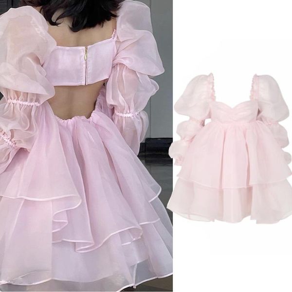 Badebekleidung Frauen französische Stil Rückenfreier Prinzessin Kleider Puff Ärmel Imperium Taille Pink Organza Kleiderkleid Sommer Holiday Feiertag Kleid