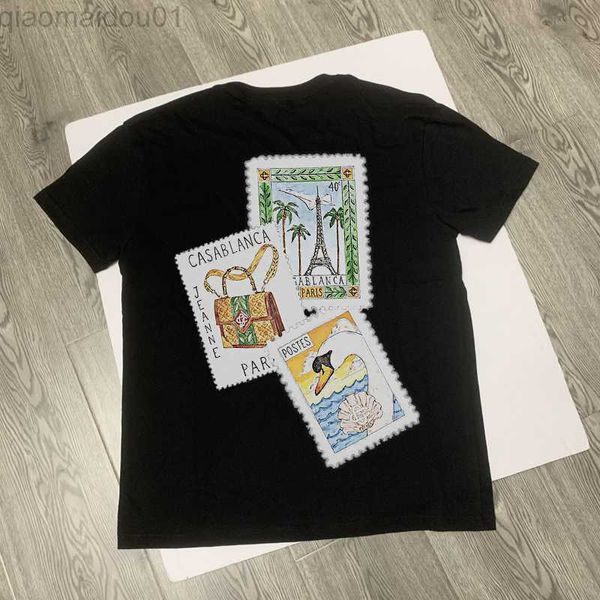 Erkek Tişörtler Dropping Kazablanka T-shirt Sırt Çantası Demir Kule Swan damgası Baskı Kısa Kollu Pamuk Gevşek Erkekler Kadın Casa T Shirt L231120