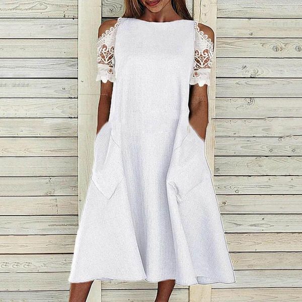 Casual Kleider Weiß Sommer Für Frauen Aushöhlen Spitze Kurzarm Urlaub Party A-line Kleid Mit Taschen Elegante Dame Midi robe