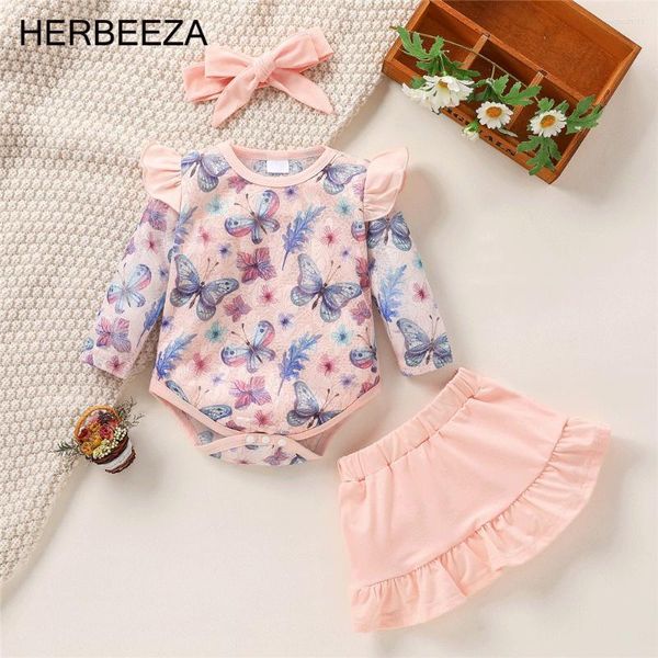 Set di abbigliamento HERBEEZA Esr Set di vestiti per neonate Farfalla stampata Born Body Solid Dress Manica lunga Costume per bambini