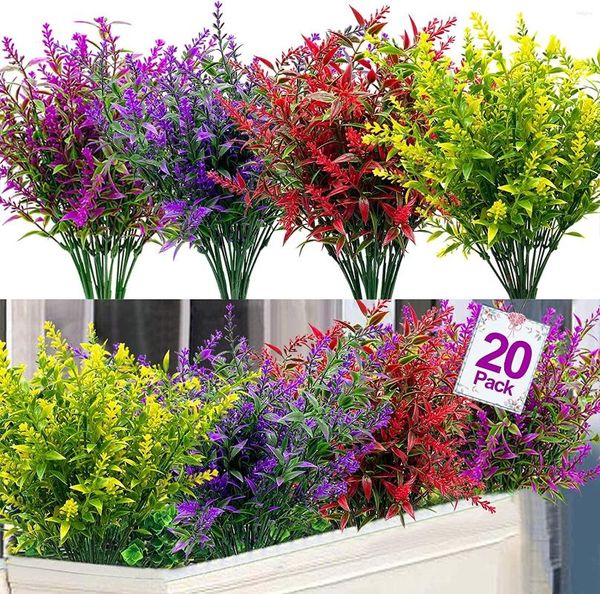 Flores decorativas 20 pacotes de plantas falsas de plástico resistente a UV lavanda artificial para caixa de janela ao ar livre de cores misturadas