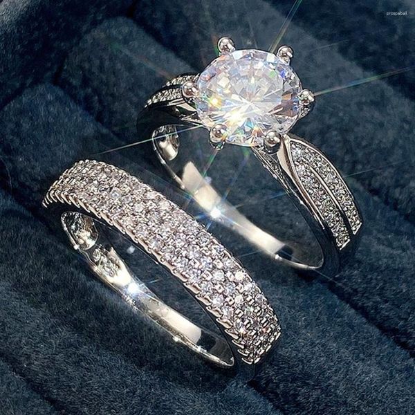 Cluster Rings Solitaire Zircon Finger Ring Set White Gold Filled Party Wedding Band Per le donne Uomini Gioielli di fidanzamento Coppia regalo