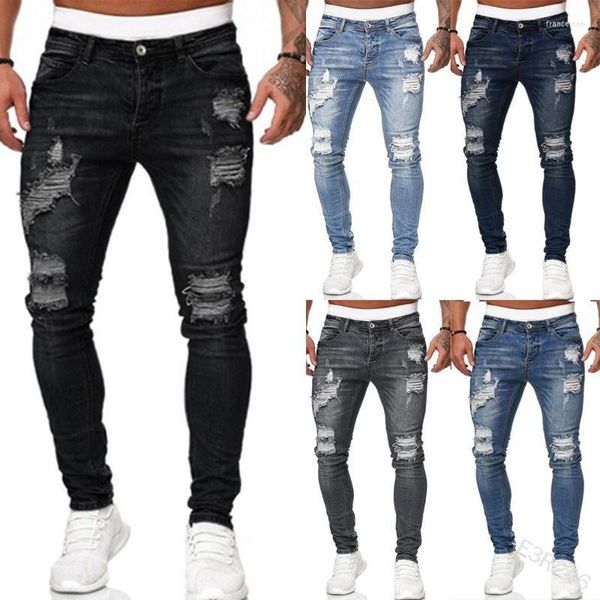 Herren-Jeans, Vintage-Stil, zerrissen, gewaschen, einfarbig, mittlere Taille, Bleistifthose, Übergröße, modisch, lässig, schmale Passform, Denim-Hose