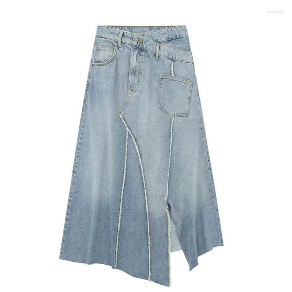Gonne Donna Moda Blu Gonna di jeans asimmetrica a vita alta 2023 Estate Donna Vintage Irregolare Midi Street