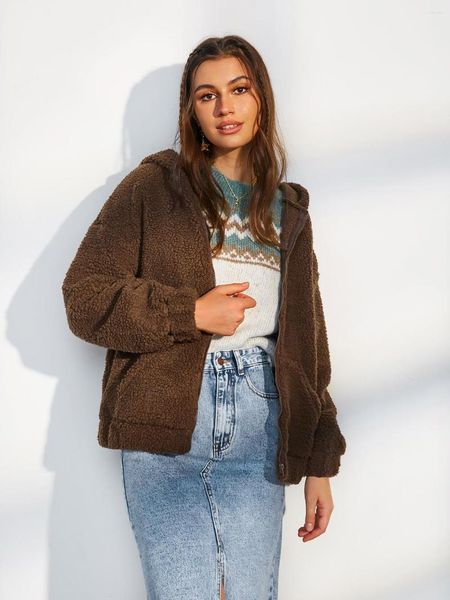 Damenjacken ZAFUL Kapuzen-Faux-Shearling-Reißverschlusstasche Teddy-Mantel Winter Herbst Sherpa Drop Shoulder Pelzjacke