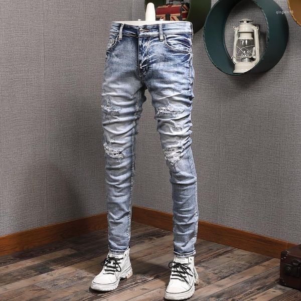 Männer Jeans Streetwear Fashion Männer Retro Blau Elastische Slim Fit Zerstört Ripped Patch Designer Marke Hip Hop Denim Hosen