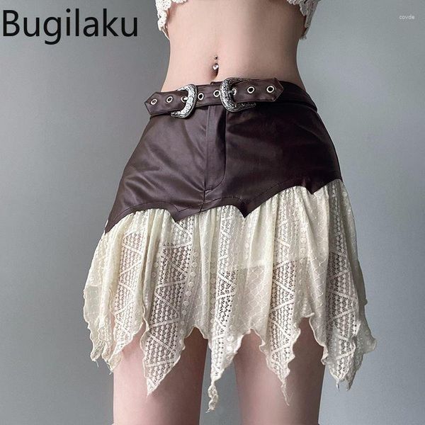 Saias Bugilaku Streetwear Moda Feminina Cintura Alta Renda Patchwork Couro Jupe Femme Assimétrica Linha A Mini Faldas Mujer