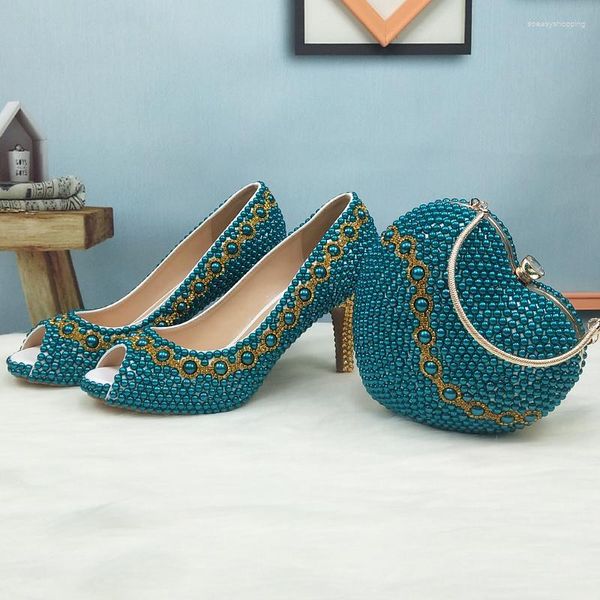 Sandálias mulheres peep dedo de pé sapatos de festa e bolsa de noiva Bombas de pérolas azuis azul saltos altos damas abertas verdes