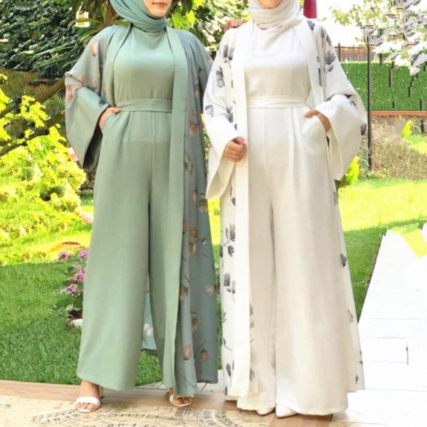 Etnik Giyim Ramazan Eid Kimono Abaya Elbisesi Eşleşen Tulum Keten Müslüman Setler Bıçaklı Elbise Kadınlar İçin Resmi Abayas Dubai Arap Kaftan