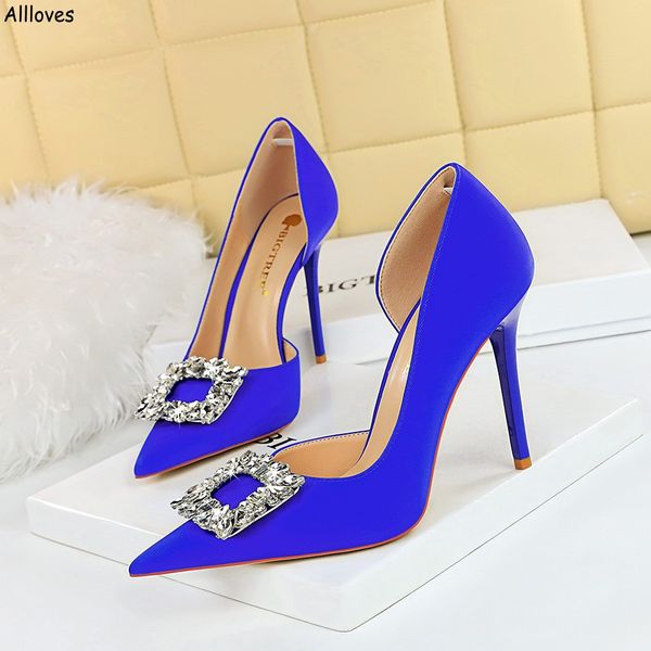 Королевские голубые модные женские туфли для свадебных вечеринок высокие каблуки атласные блески стразы свадебные туфли.