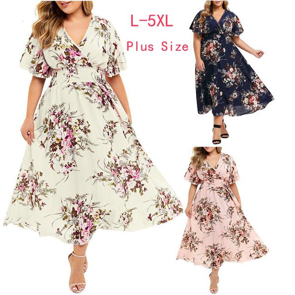 Abiti casual di base Moda Plus Size 3XL 4XL 5XL Abito da donna Abito floreale in chiffon floreale Abiti estivi da spiaggia bohémien Urban Gypsy Ropa Vestidos 230707