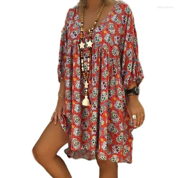 Lässige Kleider für Damen, Übergröße, V-Ausschnitt, 3/4-Ärmel, locker fließendes T-Shirt-Kleid, Halloween-Schädel, Blumenmuster, ausgestelltes Party-Tunika-Sommerkleid