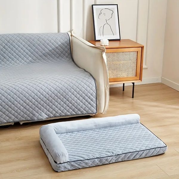 Cama grande para cachorro com protetor de coluna, sofá para cachorro em forma de L, cama para cachorro com espuma viscoelástica, cama para animais de estimação cinza