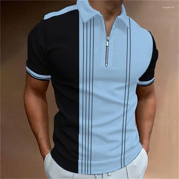 Polos masculinas Roupas de verão Camisas polo Casual Colar aberto com zíper Estampa listrada Manga curta Camiseta masculina Tops