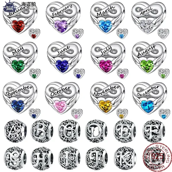 Für Pandora Charms authentische 925er Silberperlen Geburtsstein Herz Anhänger Buchstabenserie Perle