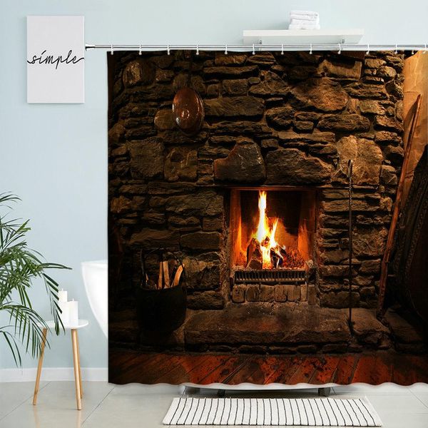 Nummer Winter Weihnachtsdusche Vorhang Kamin Flamme Rustikale alte Steinstein Badezimmer Dekor wasserdichte Polyester Bildschirm mit Hakenset