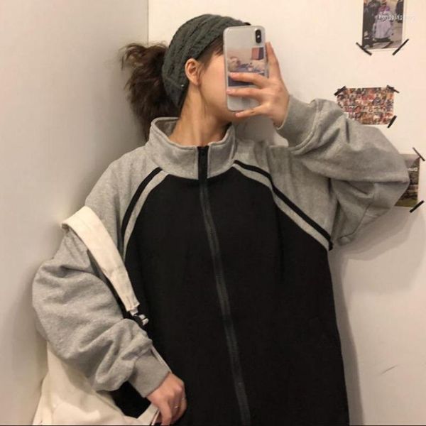 Kadın Hoodies Kore Sokak Giyim Siyah Zip Sweatshirt Kadınlar Kpop Harajuku Moda Çizgili Patchwork kapüşonlu tiki tarzı bombardıman ceketleri