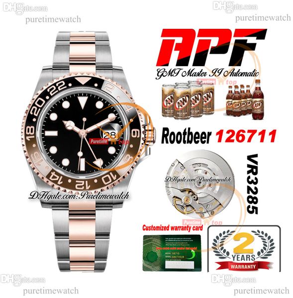 APF Root Beer GMT II VR3285 Automático Relógio Masculino Dois Tons Rosa Ouro Cola Marrom Cerâmica Moldura Preto Mostrador 904L OysterSteel Pulseira Super Edição Mesmo Cartão Serial J10